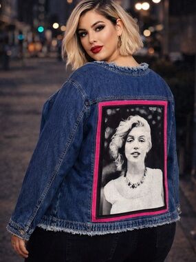 Custom Upcycled Marilyn Monroe Denim Jean Jacket Size 20W Raw Edges Custom OOAK